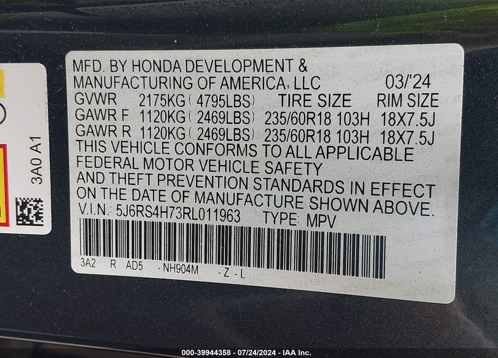 2024 HONDA CR-V EX-L AWD VIN: 5J6RS4H73RL011963