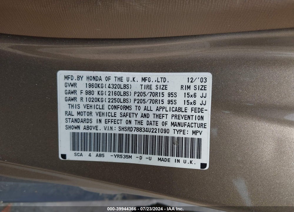 2004 HONDA CR-V EX VIN: SHSRD78834U221090