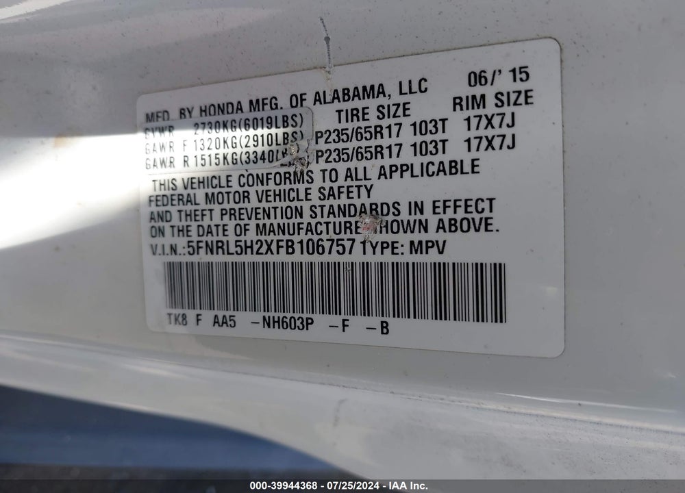 2015 HONDA ODYSSEY LX VIN: 5FNRL5H2XFB106757