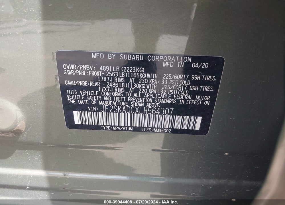2020 SUBARU FORESTER VIN: JF2SKADCXLH564307