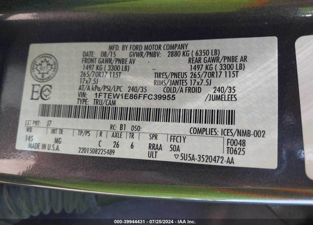 2015 FORD F-150 XLT VIN: 1FTEW1E86FFC39955