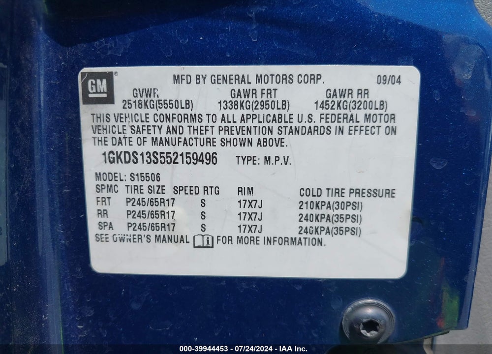 2005 GMC ENVOY SLE VIN: 1GKDS13S552159496