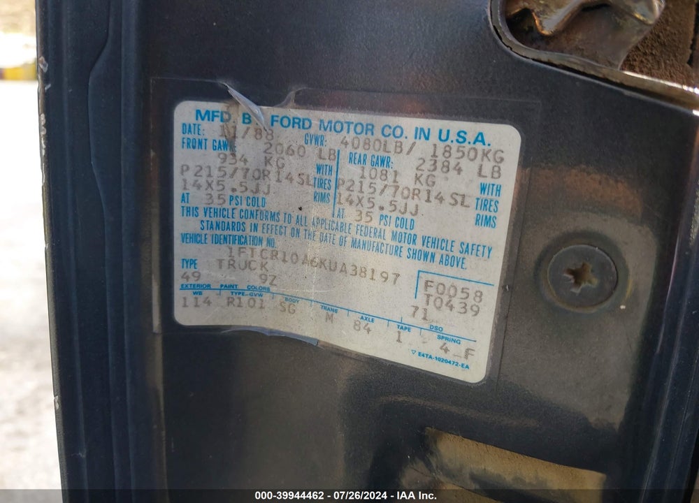 1989 FORD RANGER VIN: 1FTCR10A6KUA38197
