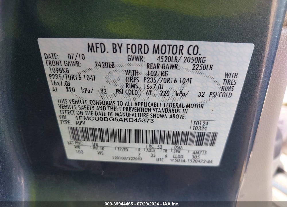 2010 FORD ESCAPE XLT VIN: 1FMCU0DG5AKD45373