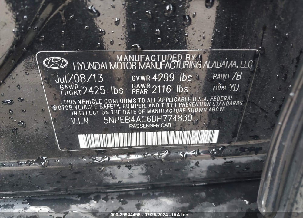 2013 HYUNDAI SONATA GLS VIN: 5NPEB4AC6DH774830