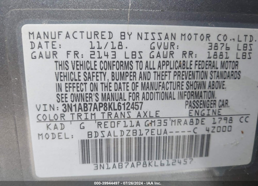2019 NISSAN SENTRA VIN: 3N1AB7AP8KL612457