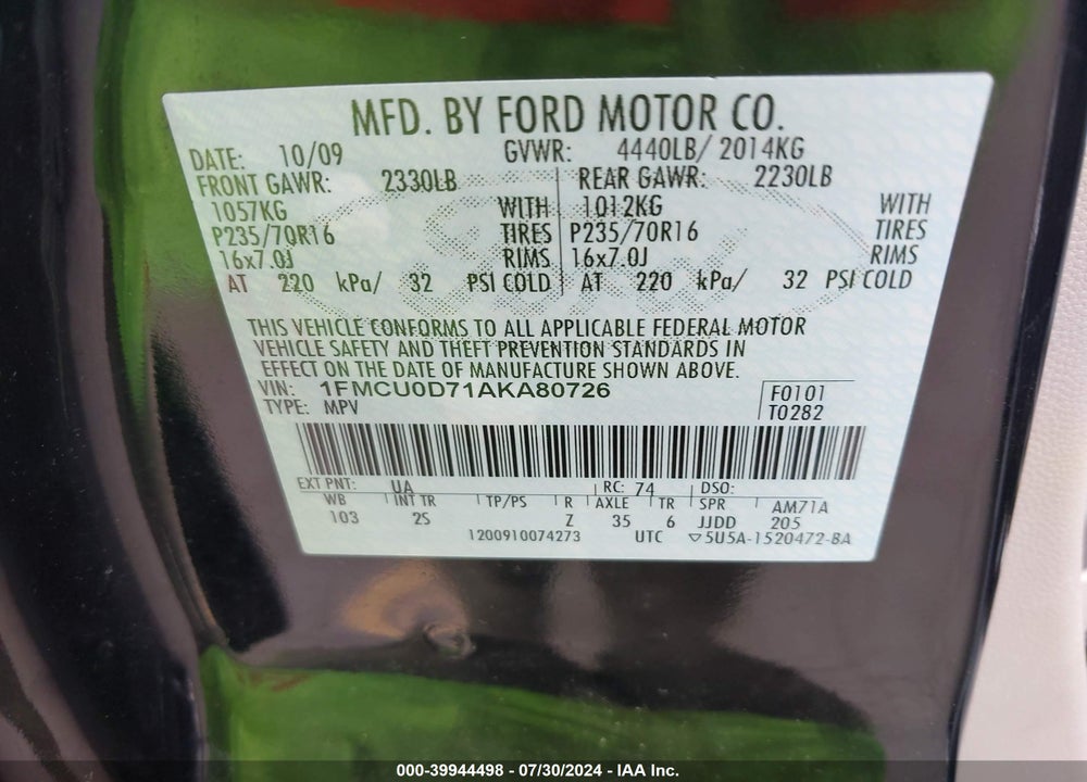 2010 FORD ESCAPE XLT VIN: 1FMCU0D71AKA80726