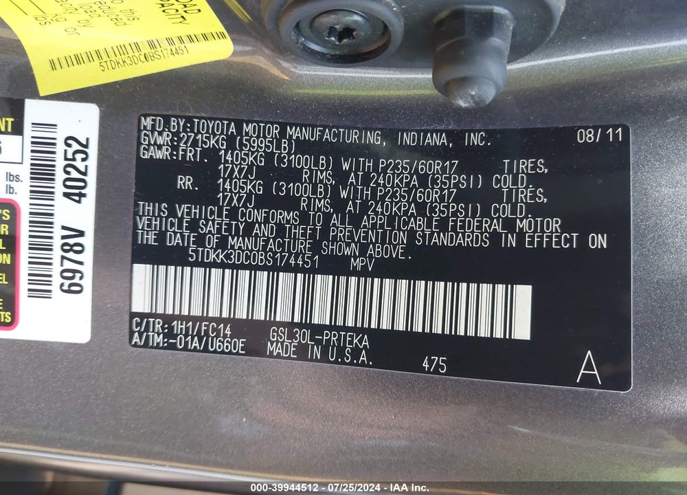 2011 TOYOTA SIENNA LE V6/LE V6 AUTO ACCESS SEAT VIN: 5TDKK3DC0BS174451