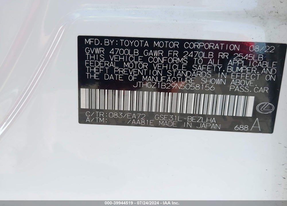 2022 LEXUS IS 350 F-SPORT VIN: JTHGZ1B29N5058156