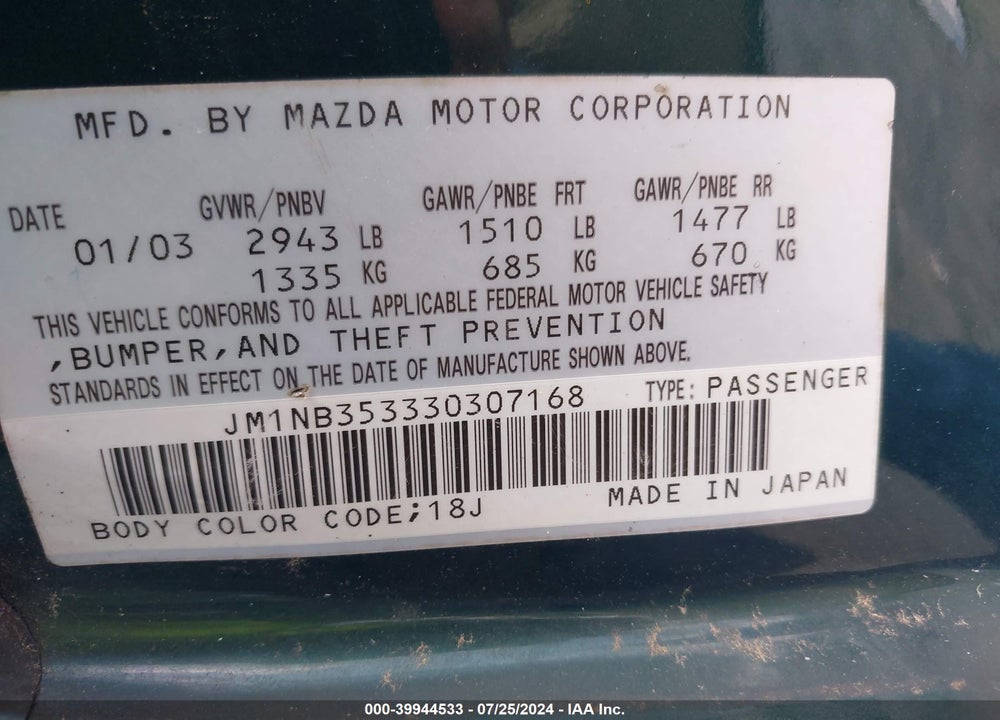 2003 MAZDA MX-5 MIATA CLOTH/LS/SE/SHINSEN VIN: JM1NB353330307168