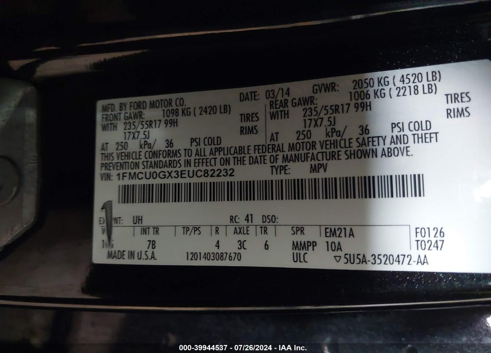 2014 FORD ESCAPE SE VIN: 1FMCU0GX3EUC82232