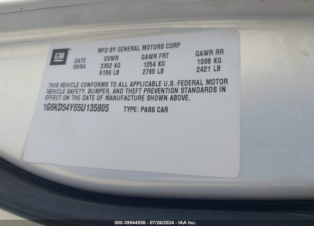 2005 CADILLAC DEVILLE STANDARD VIN: 1G6KD54Y65U135805
