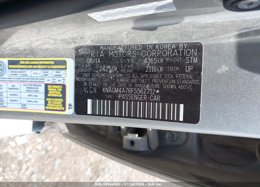 2015 KIA OPTIMA LX VIN: KNAGM4A76F5562712