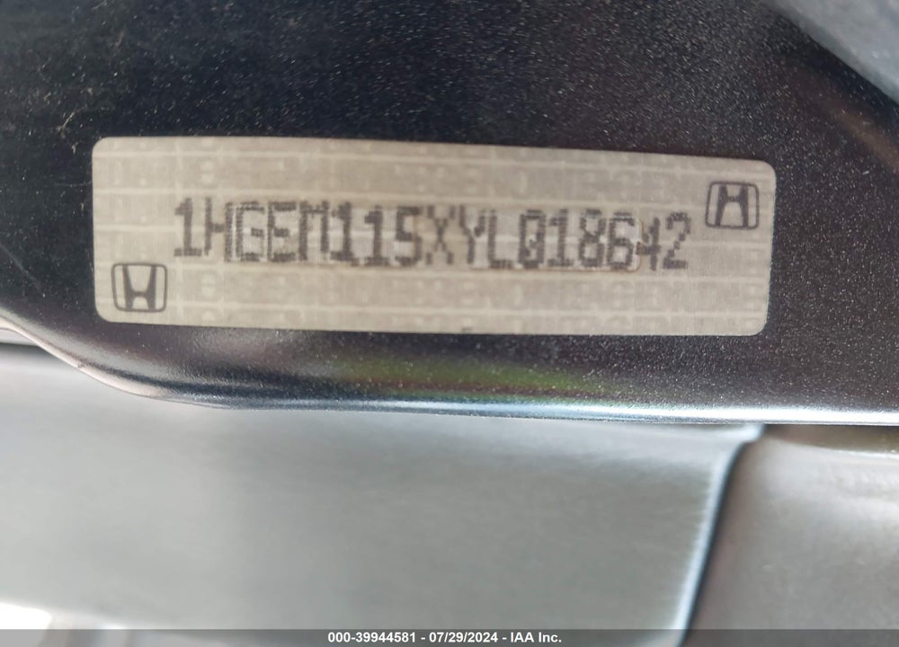 2000 HONDA CIVIC SI VIN: 1HGEM115XYL018642