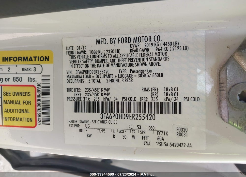 2014 FORD FUSION SE VIN: 3FA6P0HD9ER255420