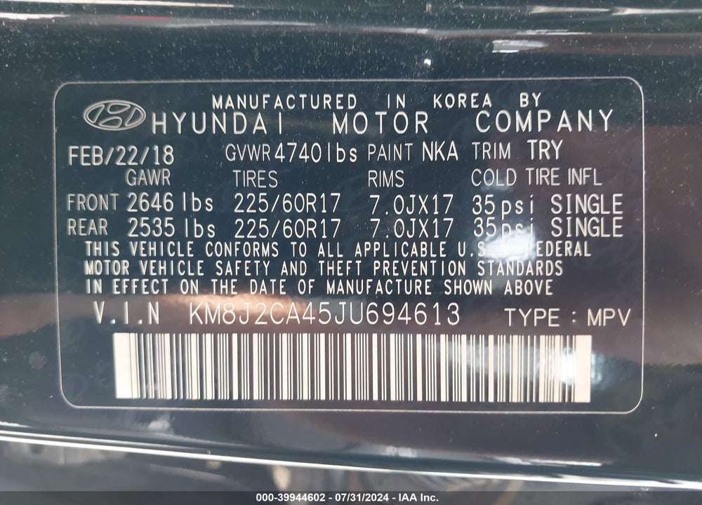 2018 HYUNDAI TUCSON SE VIN: KM8J2CA45JU694613
