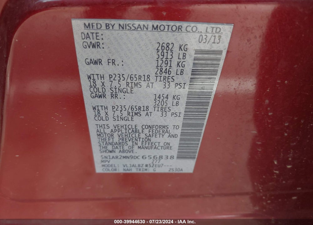 2013 NISSAN PATHFINDER S VIN: 5N1AR2MN9DC656838