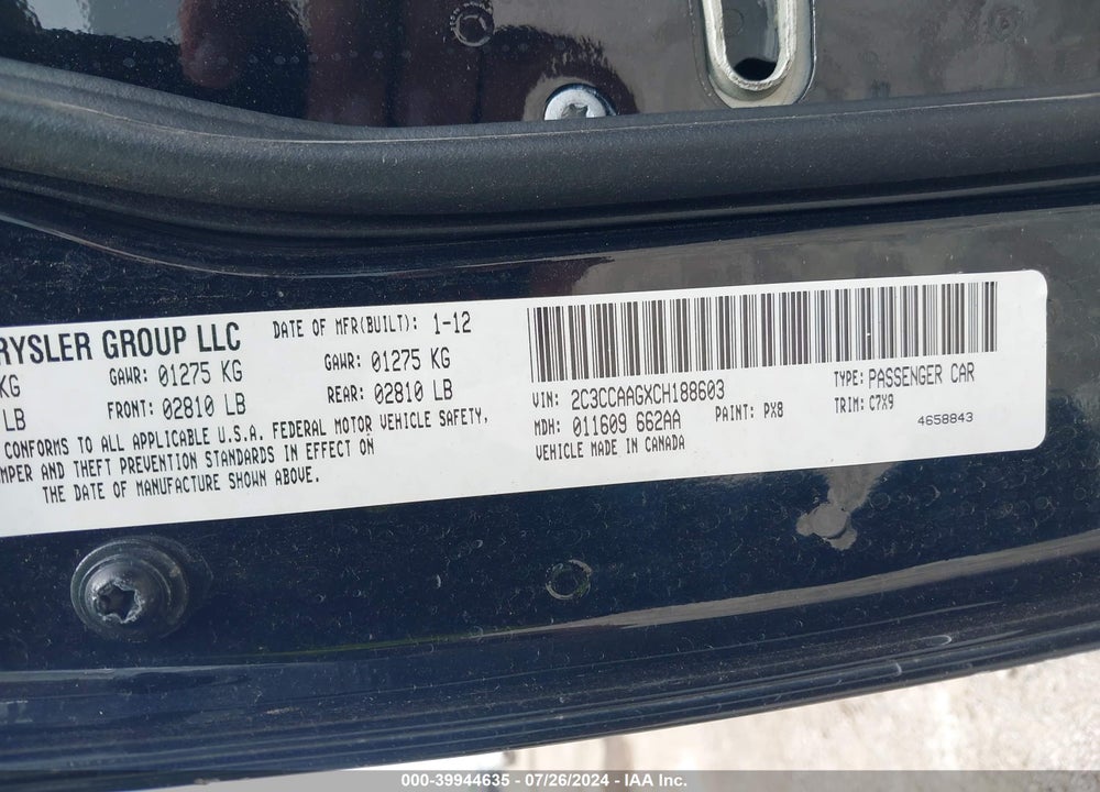 2012 CHRYSLER 300 VIN: 2C3CCAAGXCH188603