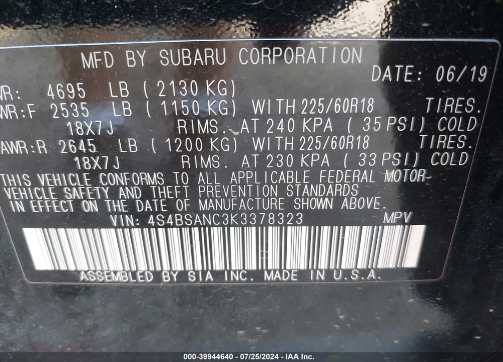 2019 SUBARU OUTBACK 2.5I LIMITED VIN: 4S4BSANC3K3378323