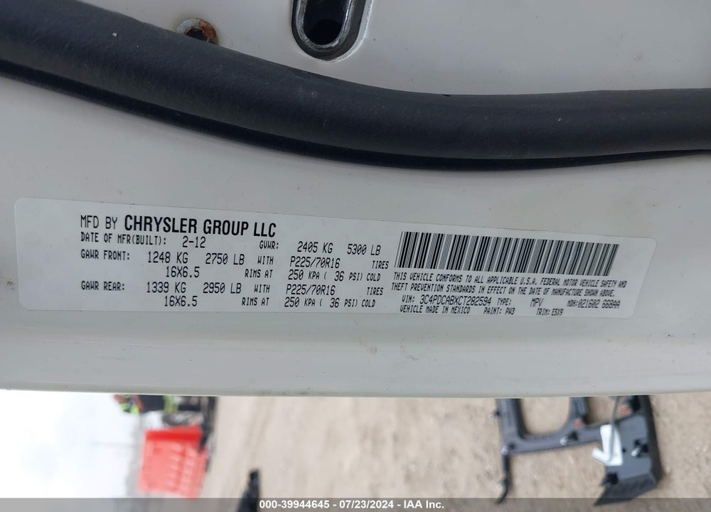 2012 DODGE JOURNEY SE/AVP VIN: 3C4PDCABXCT282594