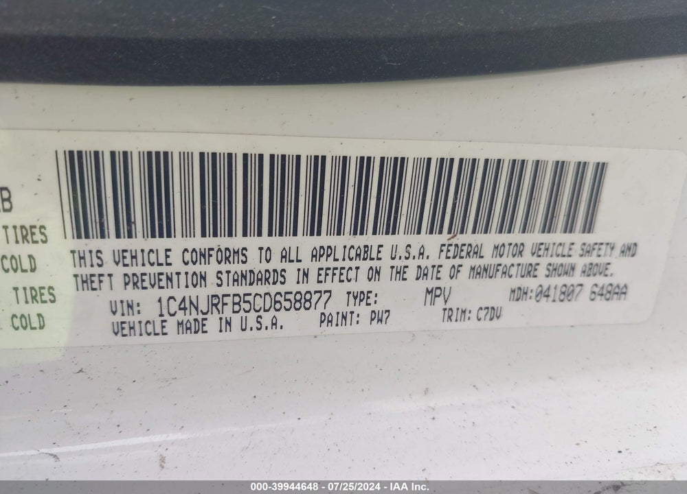 2012 JEEP PATRIOT LATITUDE VIN: 1C4NJRFB5CD658877