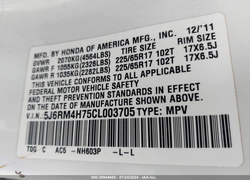 2012 HONDA CR-V EX-L VIN: 5J6RM4H75CL003705