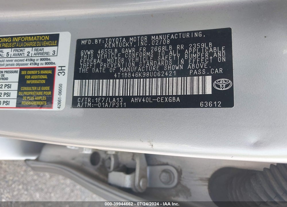 2008 TOYOTA CAMRY HYBRID VIN: 4T1BB46K98U062421