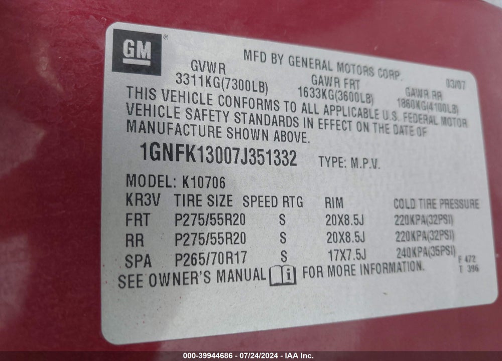 2007 CHEVROLET TAHOE LTZ VIN: 1GNFK13007J351332