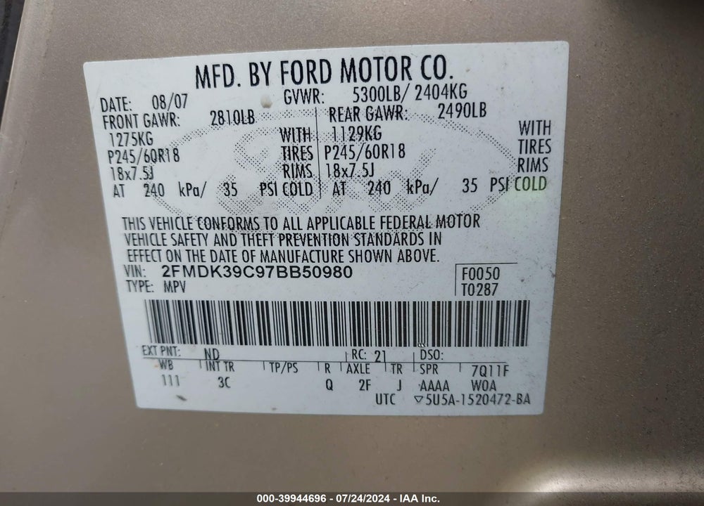 2007 FORD EDGE SEL PLUS VIN: 2FMDK39C97BB50980