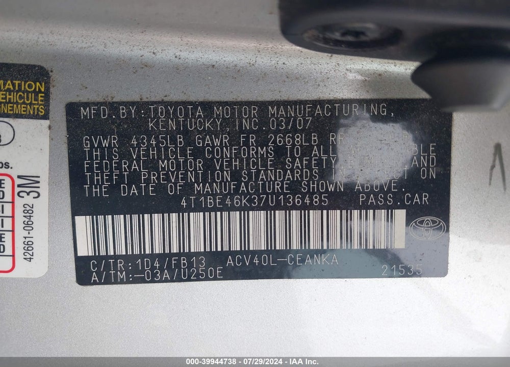 2007 TOYOTA CAMRY CE VIN: 4T1BE46K37U136485