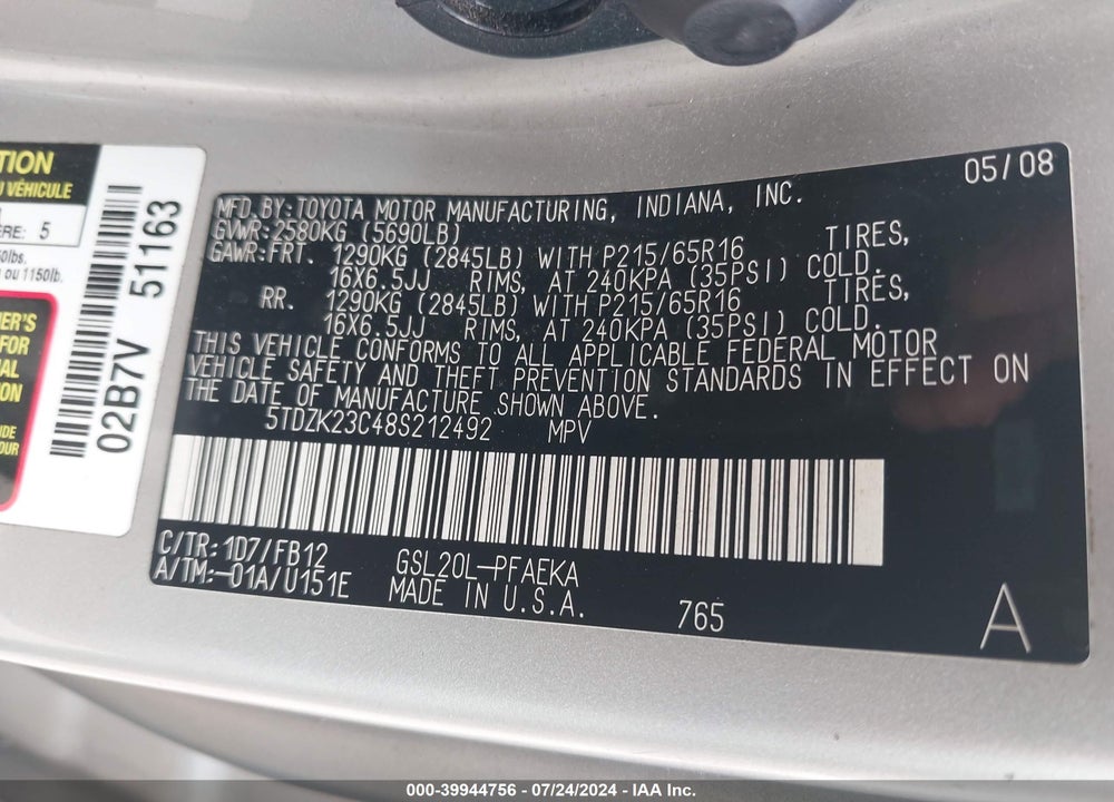 2008 TOYOTA SIENNA CE VIN: 5TDZK23C48S212492