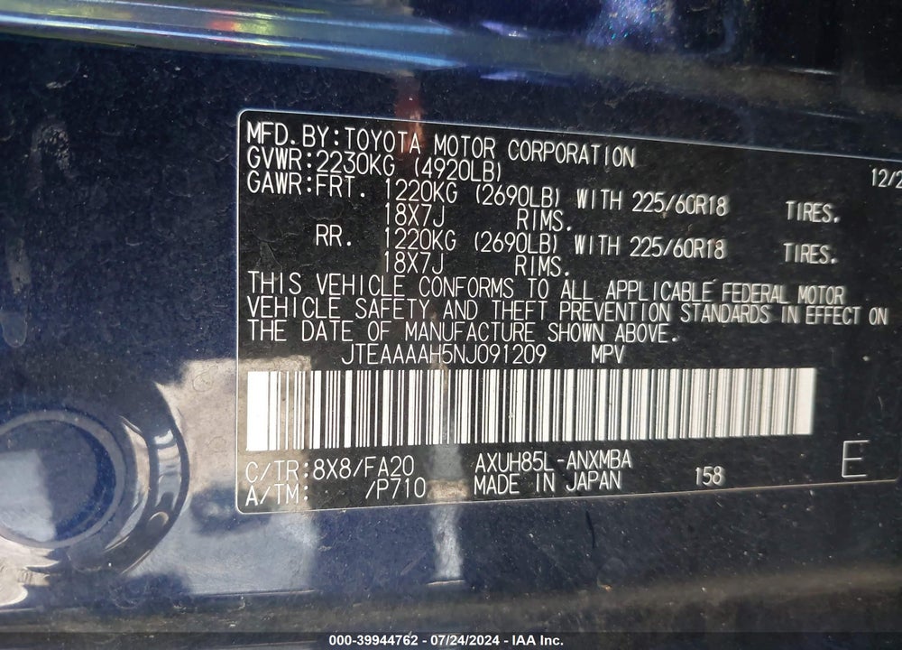 2022 TOYOTA VENZA VIN: JTEAAAAH5NJ091209