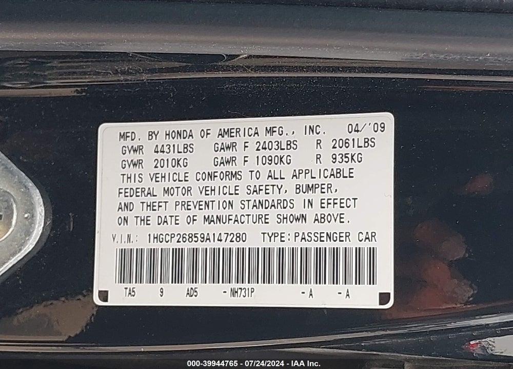 2009 HONDA ACCORD 2.4 EX-L VIN: 1HGCP26859A147280