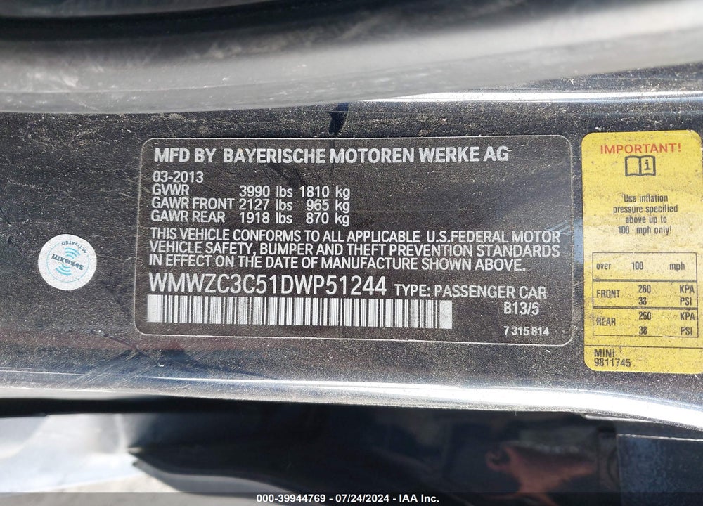 2013 MINI COUNTRYMAN COOPER S VIN: WMWZC3C51DWP51244