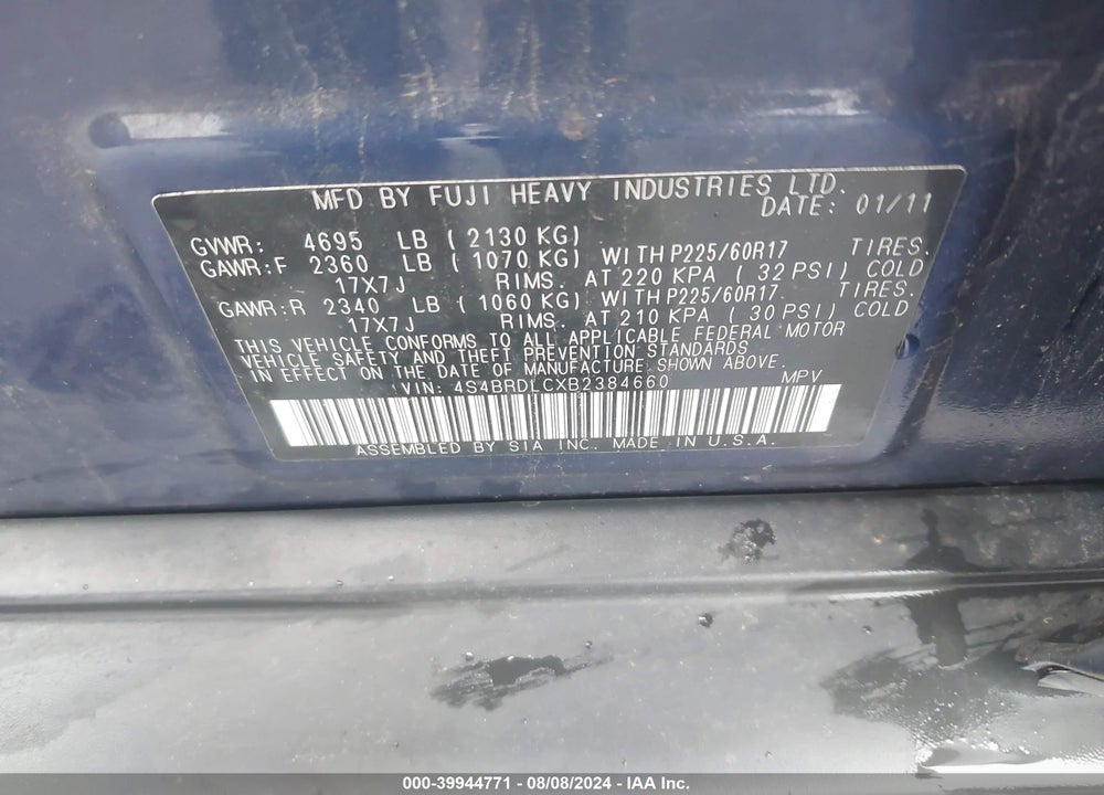 2011 SUBARU OUTBACK 3.6R LIMITED VIN: 4S4BRDLCXB2384660
