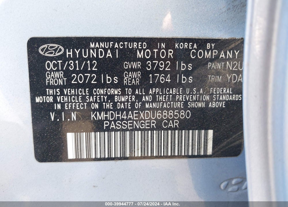 2013 HYUNDAI ELANTRA GLS VIN: KMHDH4AEXDU688580