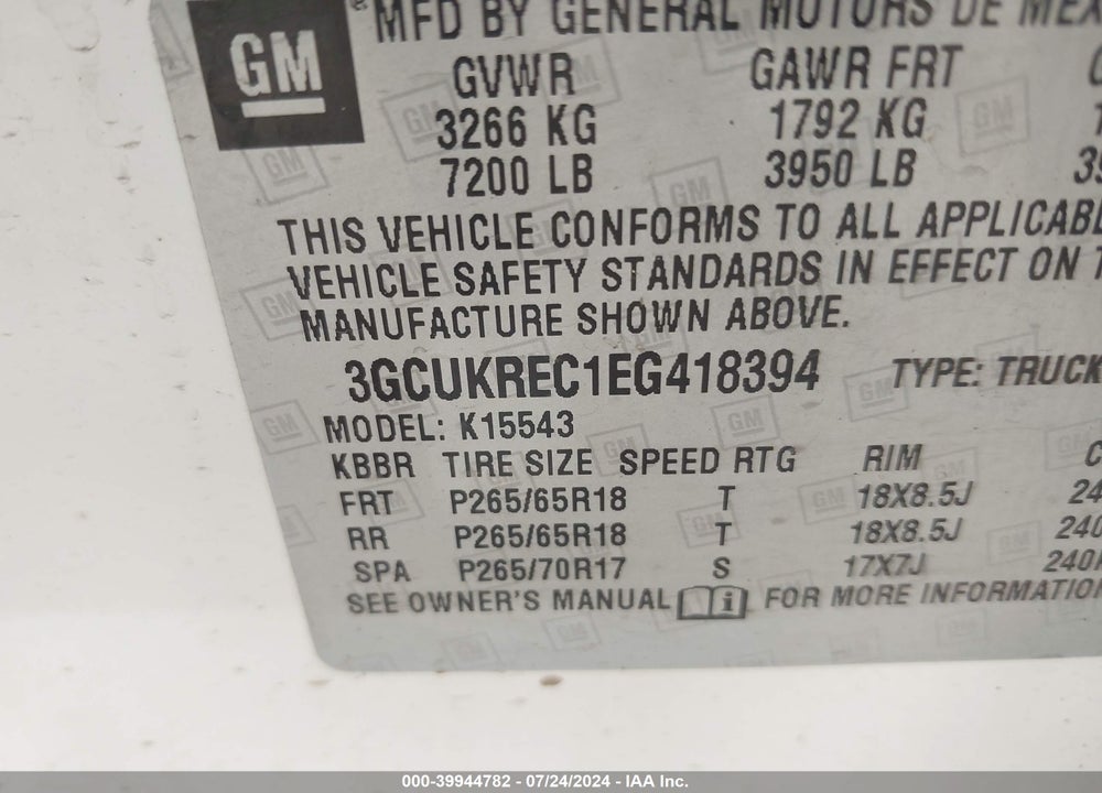 2014 CHEVROLET SILVERADO 1500 1LT VIN: 3GCUKREC1EG418394