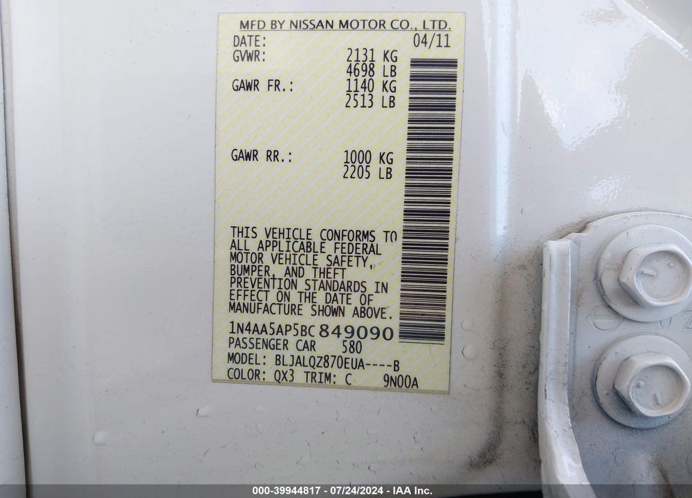 2011 NISSAN MAXIMA 3.5 S VIN: 1N4AA5AP5BC849090