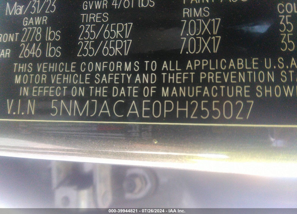 2023 HYUNDAI TUCSON SE VIN: 5NMJACAE0PH255027