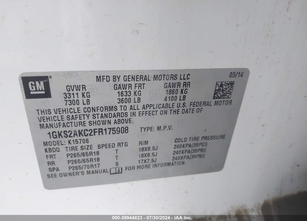 2015 GMC YUKON SLE VIN: 1GKS2AKC2FR175908