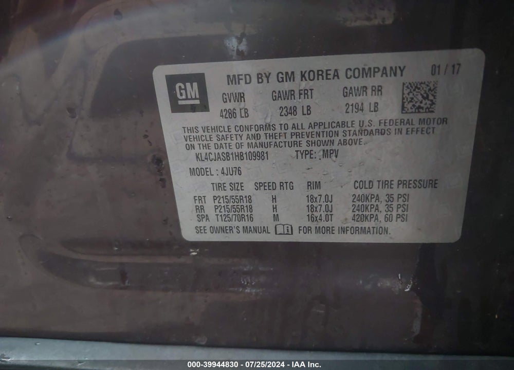 2017 BUICK ENCORE PREFERRED VIN: KL4CJASB1HB109981