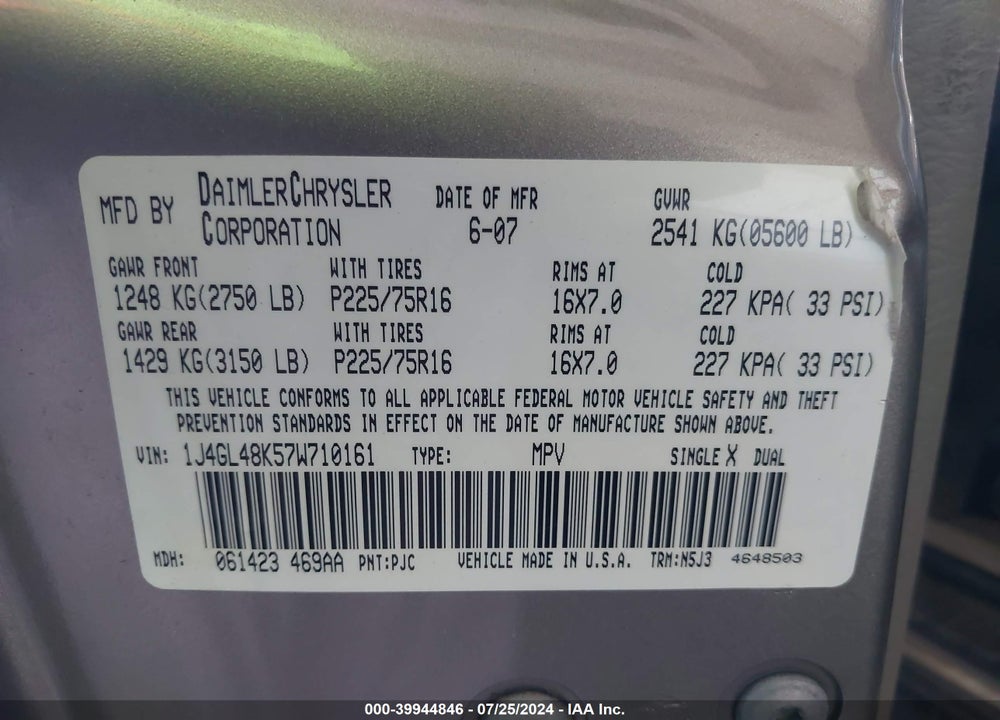 2007 JEEP LIBERTY SPORT VIN: 1J4GL48K57W710161