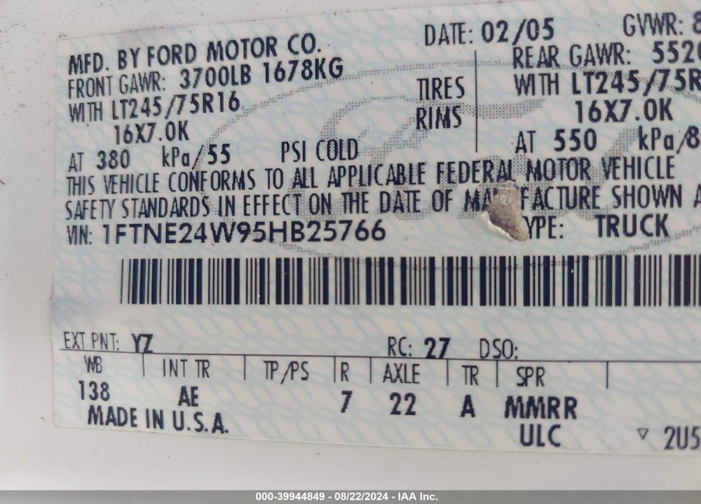 2005 FORD E-250 COMMERCIAL/RECREATIONAL VIN: 1FTNE24W95HB25766