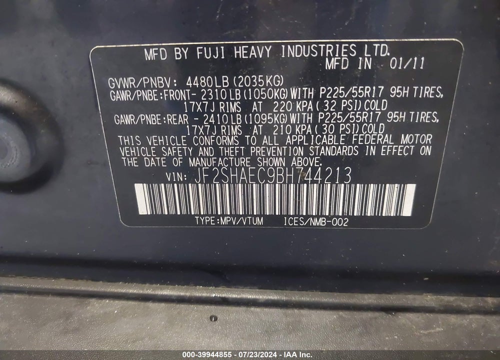 2011 SUBARU FORESTER 2.5X LIMITED VIN: JF2SHAEC9BH744213