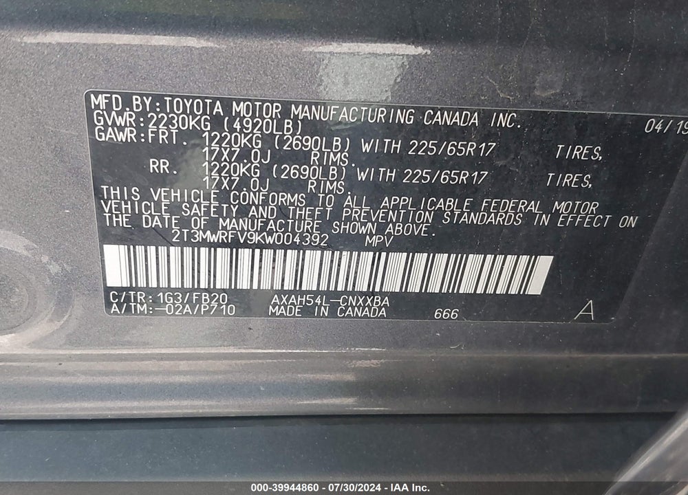 2019 TOYOTA RAV4 HYBRID LE VIN: 2T3MWRFV9KW004392