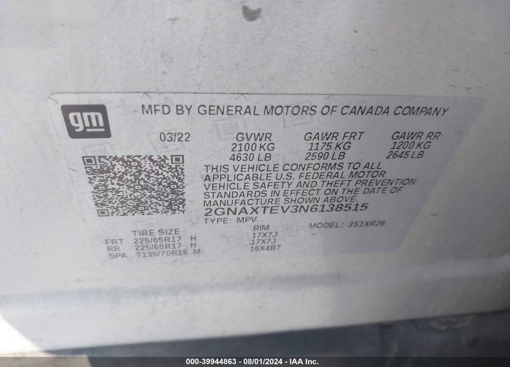 2022 CHEVROLET EQUINOX AWD 2FL VIN: 2GNAXTEV3N6138515