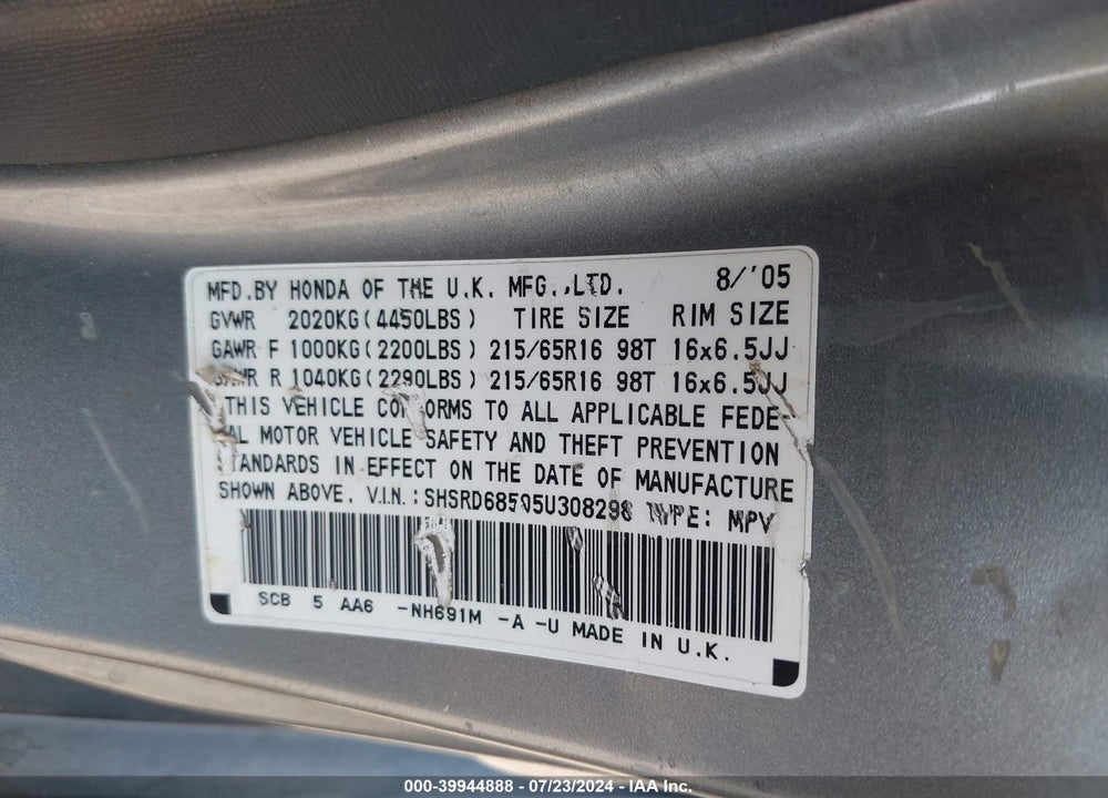 2005 HONDA CR-V LX VIN: SHSRD68505U308298