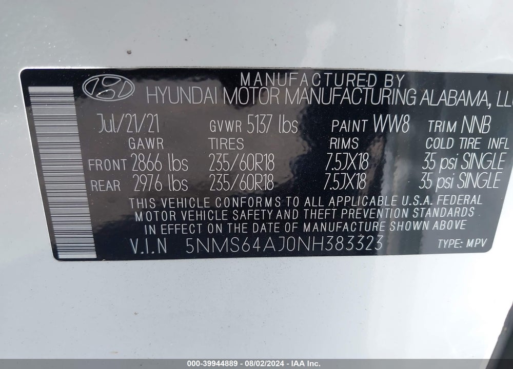 2022 HYUNDAI SANTA FE VIN: 5NMS64AJ0NH383323