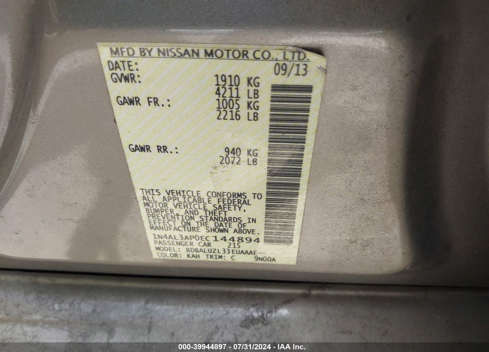 2014 NISSAN ALTIMA 2.5 SV VIN: 1N4AL3AP0EC144894
