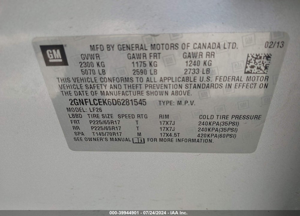 2013 CHEVROLET EQUINOX LS VIN: 2GNFLCEK6D6281545